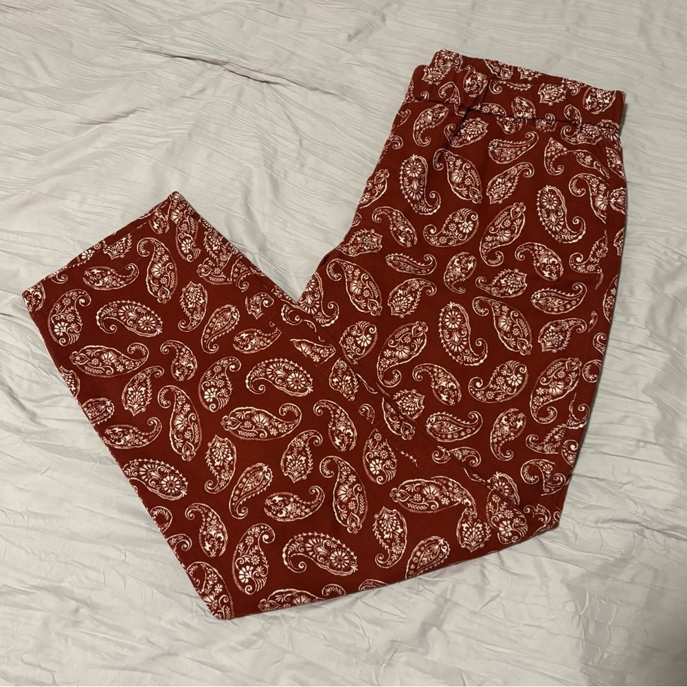 Lands End ankle pants, size 10, brick red with cream paisley